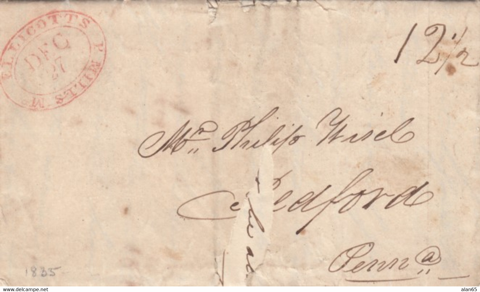 Stampless Cover, Ellicott's P Mills Md (Maryland), Red Double Oval To Bedford PA) 27 December 1835, 12 1/2c Rate - …-1845 Voorfilatelie