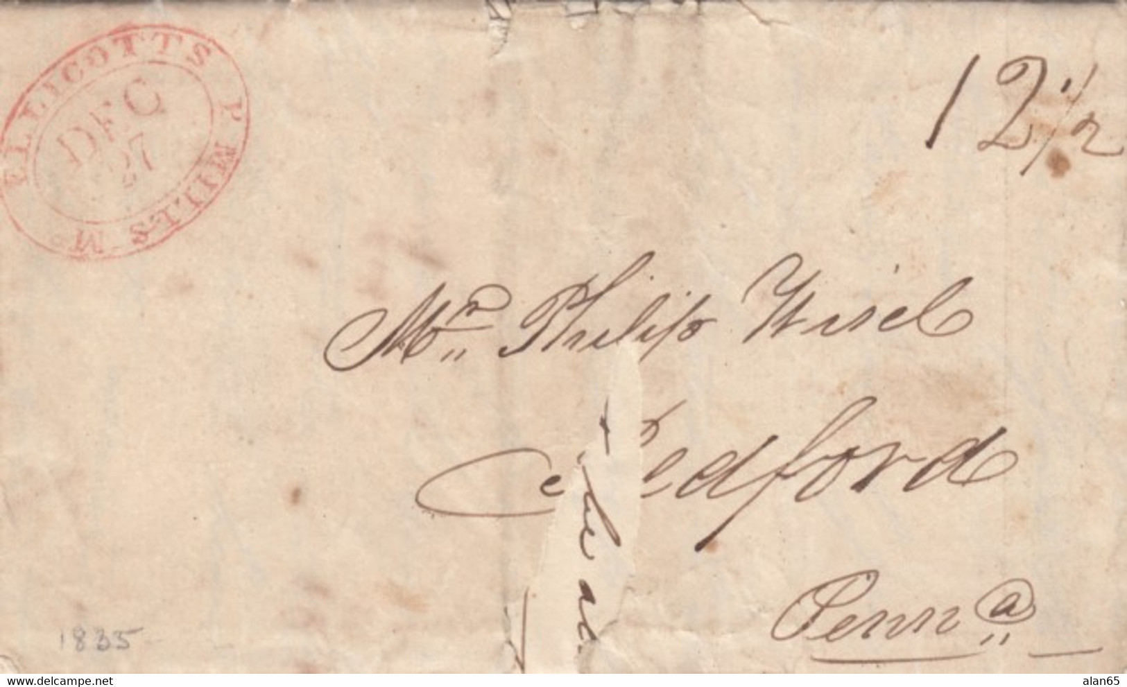 Stampless Cover, Ellicott's P Mills Md (Maryland), Red Double Oval To Bedford PA) 27 December 1835, 12 1/2c Rate - …-1845 Préphilatélie