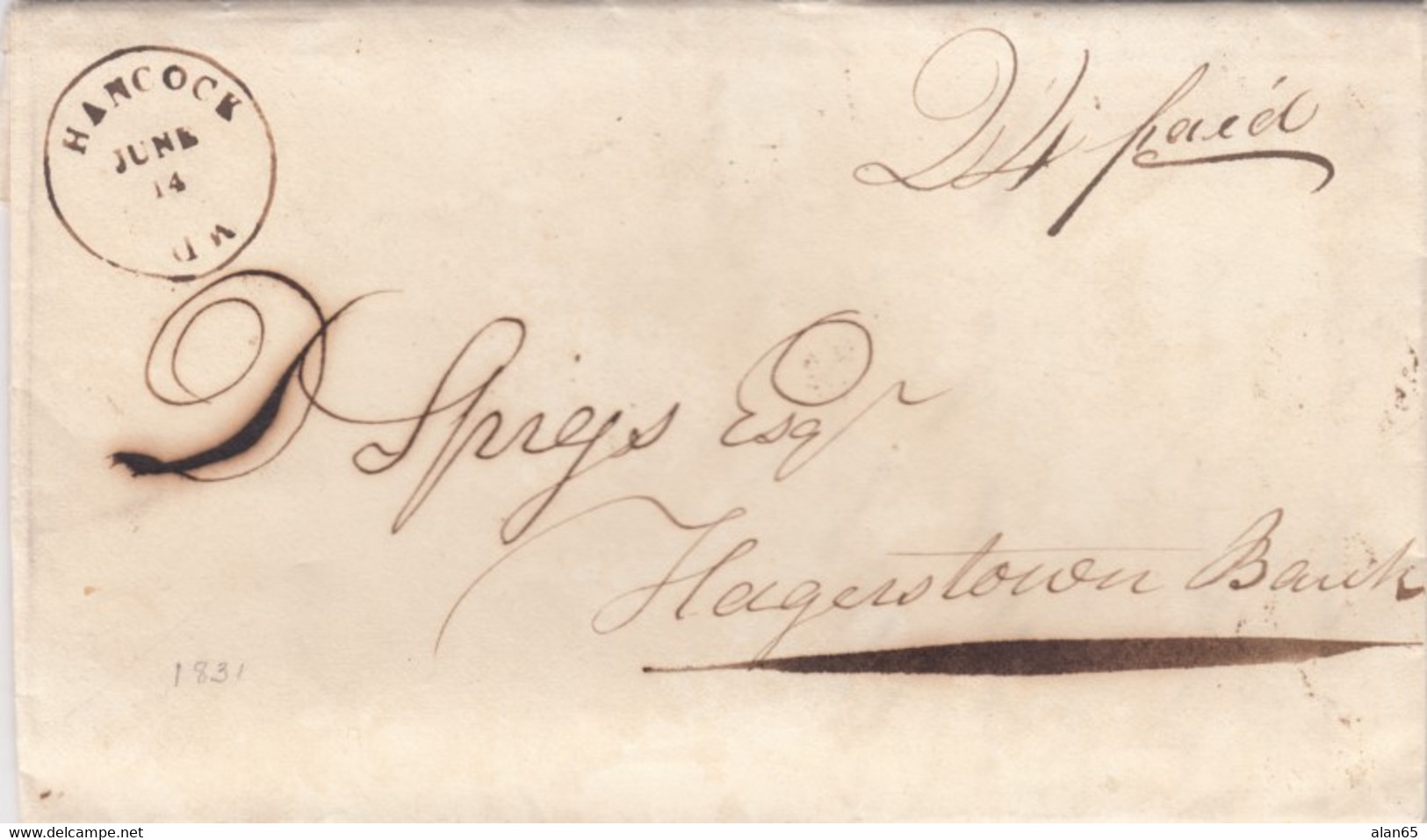 Stampless Cover, Hancock Md (Maryland), Black Circle To Hagerstown Bank (MD) 14 June (1831), 24c Paid Manuscript - …-1845 Prephilately