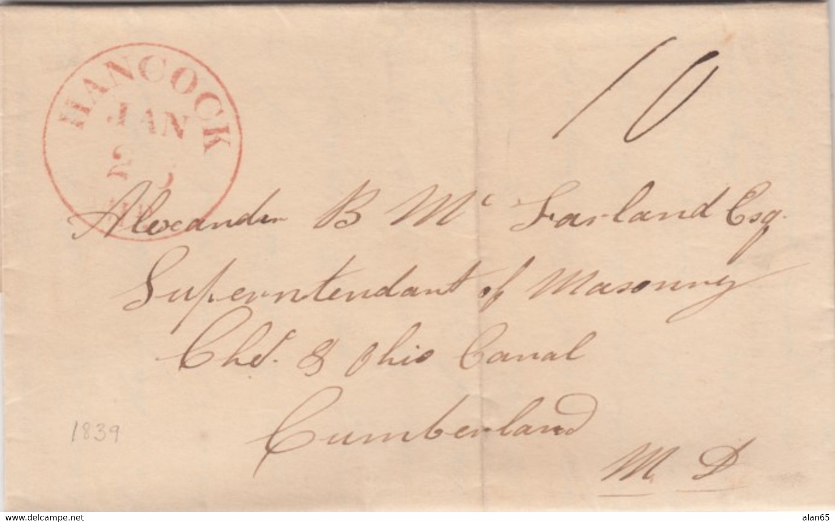 Stampless Cover, Hancock Md (Maryland), Red Circle To Cumberland MD 26 January (1839), 10c Rate - …-1845 Prephilately