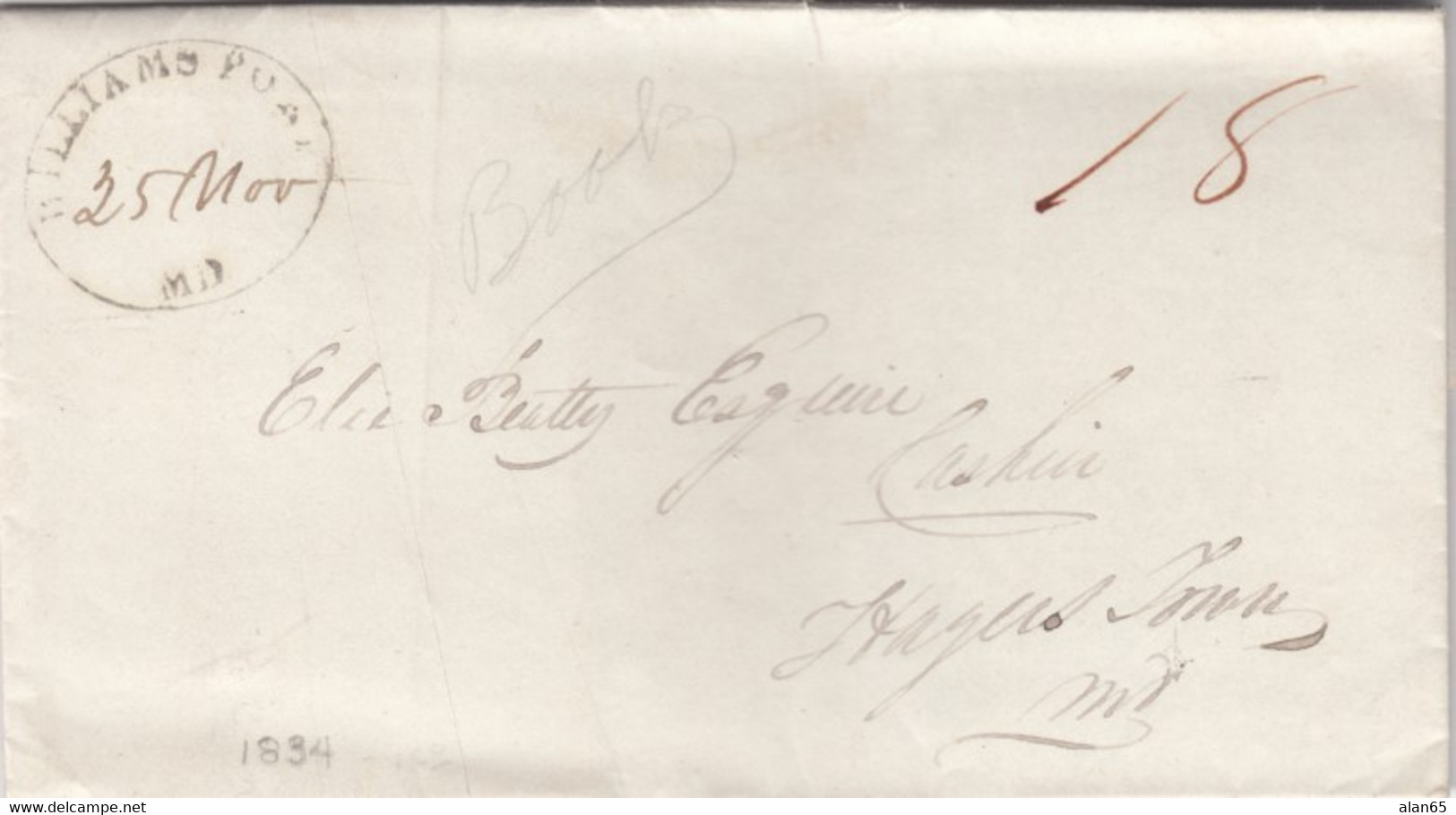 Stampless Cover, Williamsport Md (Maryland), Black Oval To Hagers Town MD 25 November (1834), 18c Rate - …-1845 Prefilatelia