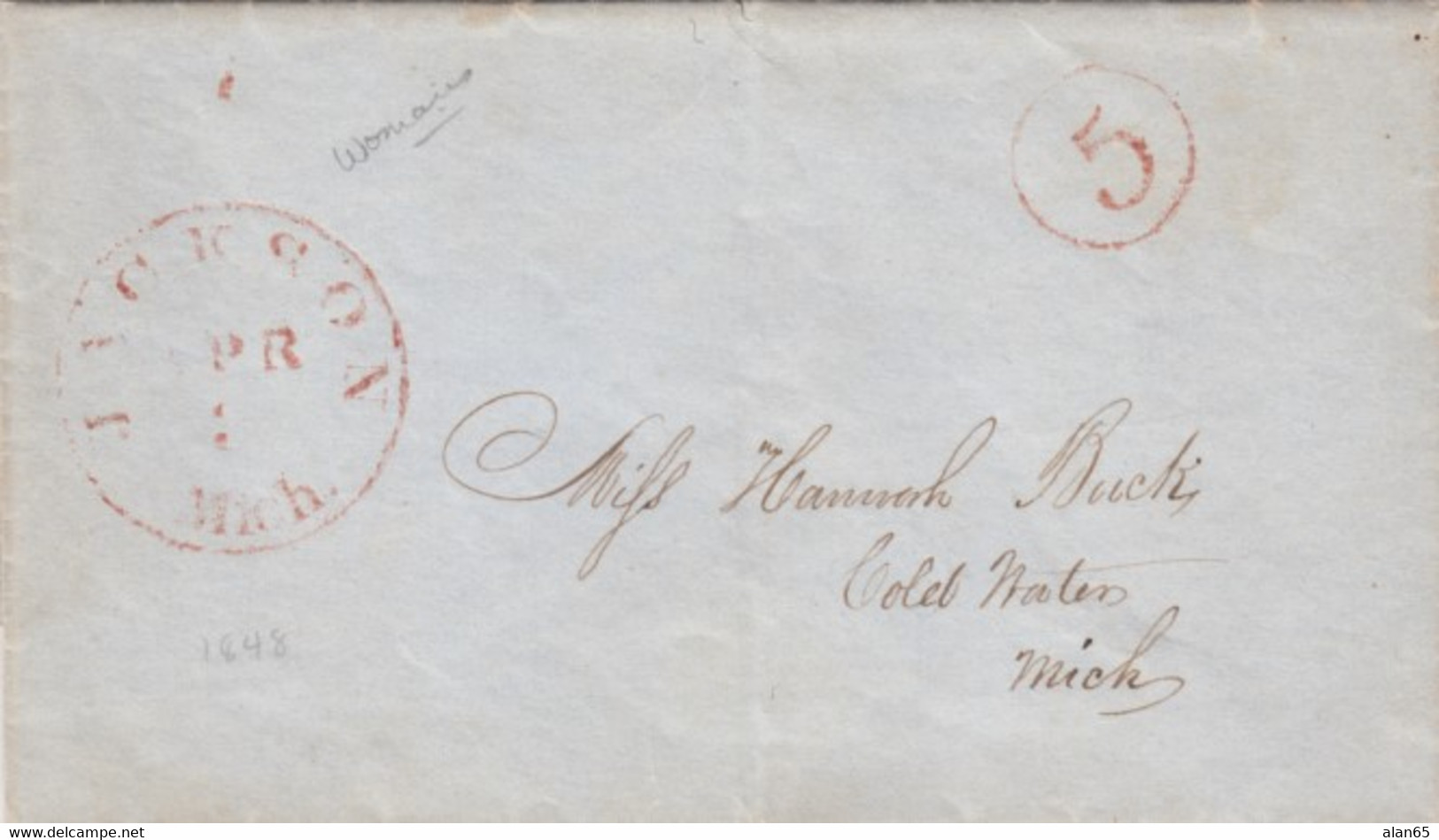 Stampless Cover, Jackson Mich (Michigan), Red Circle To Cold Water MI, 3 April (1848),  'circle 5' 5c Rate - …-1845 Prephilately