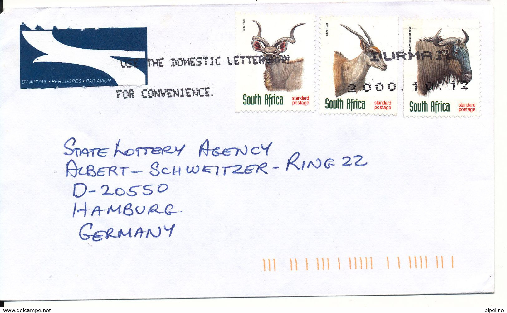 South Africa Air Mail Cover Sent To Germany 12-10-2000 Animals - Posta Aerea