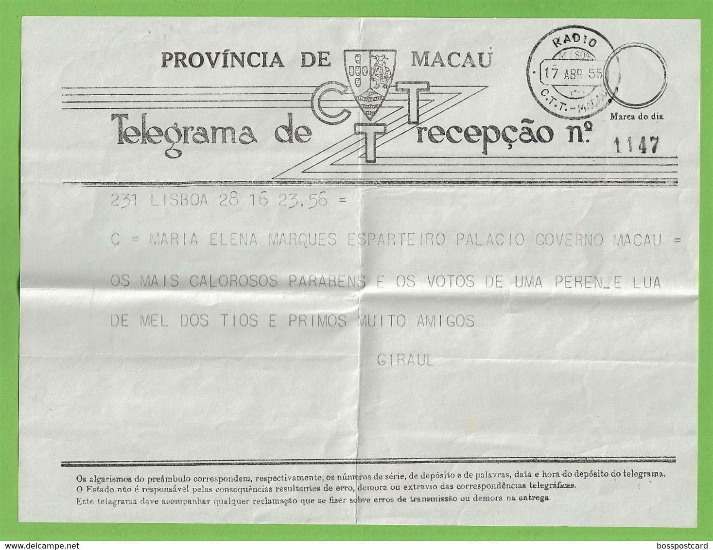 História Postal - Filatelia - Telegrama - Telegram - Philately - Timbres - Stamps - Macau - Macao - China - Portugal - Cartas & Documentos