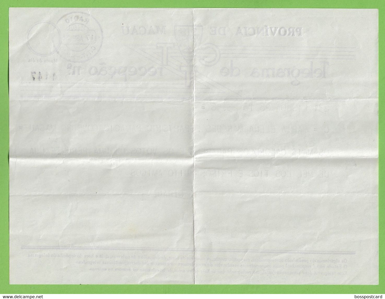 História Postal - Filatelia - Telegrama - Telegram - Philately - Timbres - Stamps - Macau - Macao - China - Portugal - Briefe U. Dokumente