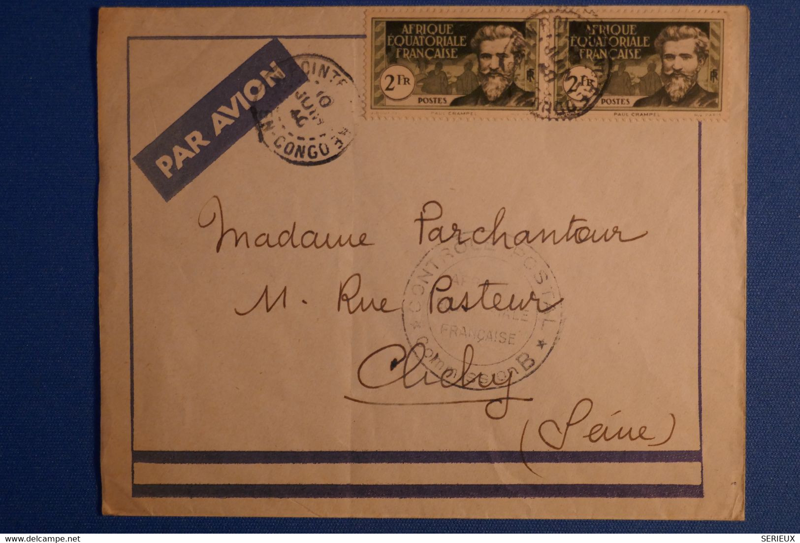 M20 AEF CONGO BELLE LETTRE CENSUREE 1940 POINTE NOIRE POUR CLICHY FRANCE+ PAIRE DE T.P+ AFFRANCHISSEMENT PLAISANT - Briefe U. Dokumente