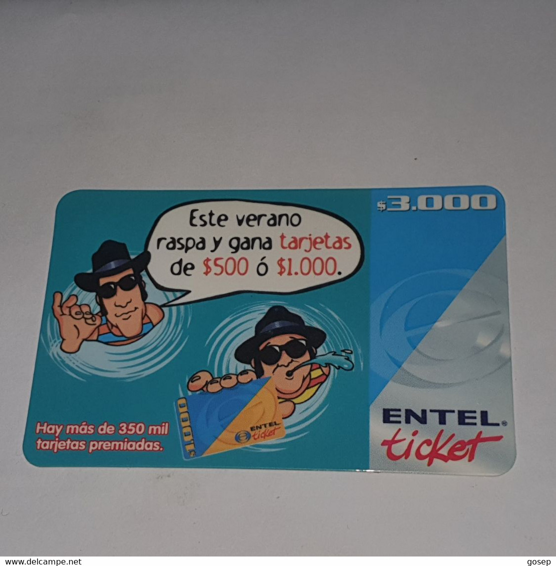 Chile-entel Ticket-(192)-($3.000)-(212-267-601-590)-(30/9/2002)-(look Outside)-used Card+1card Prepiad Free - Chili