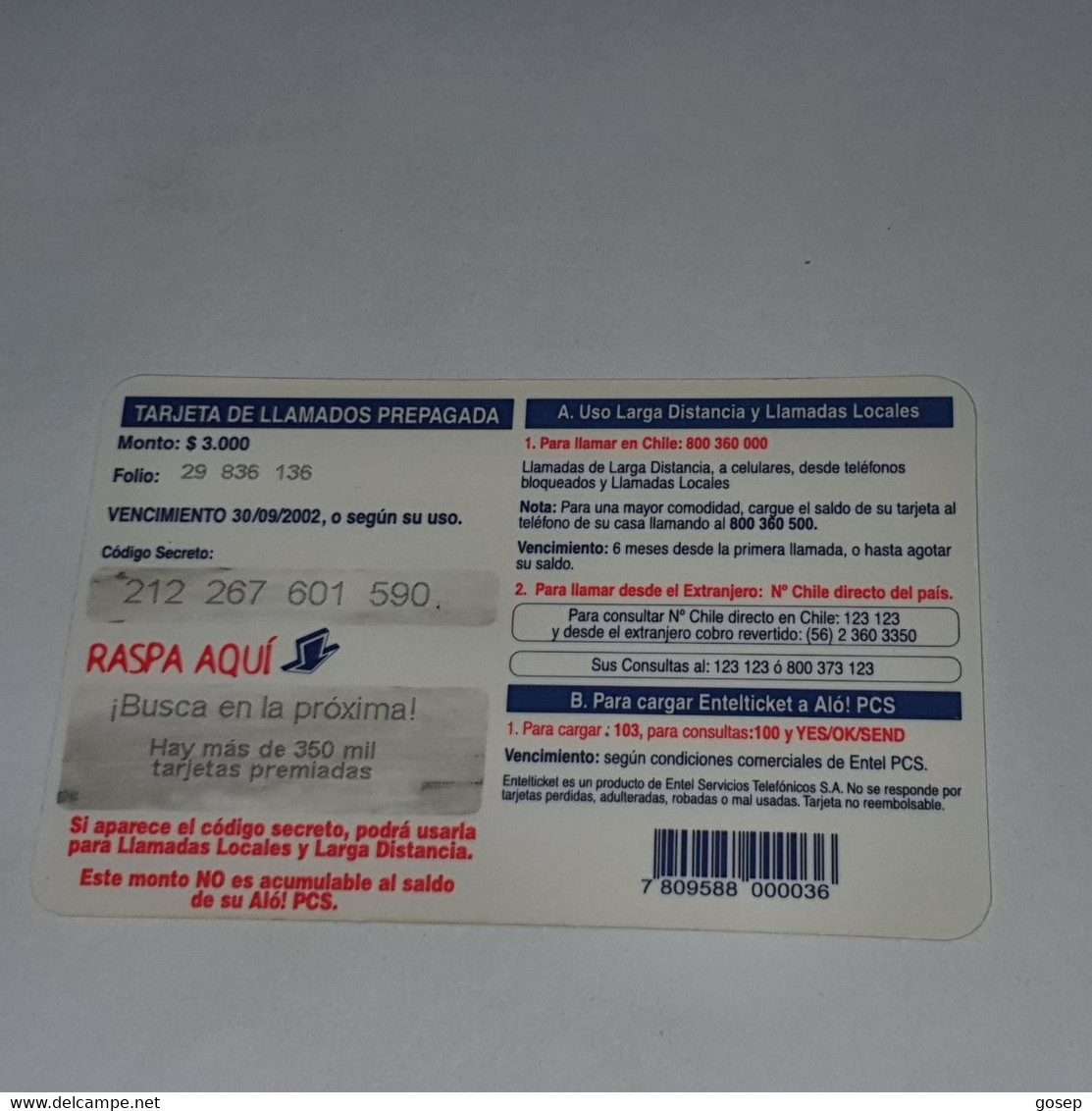 Chile-entel Ticket-(192)-($3.000)-(212-267-601-590)-(30/9/2002)-(look Outside)-used Card+1card Prepiad Free - Chile