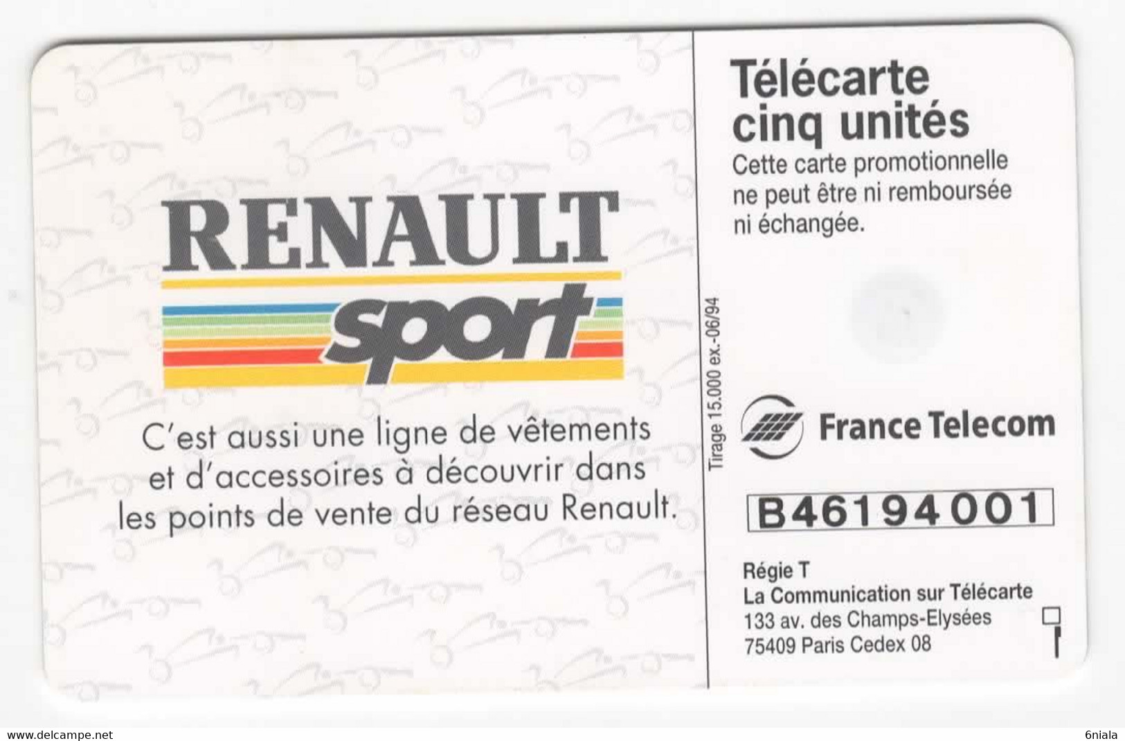 6819 Télécarte  RENAULT SPORT F1 5U  (scans Recto Verso)15 000 Ex 06/94 Promotionnelle Auto  Automobile Carte Téléphone - 5 Unidades