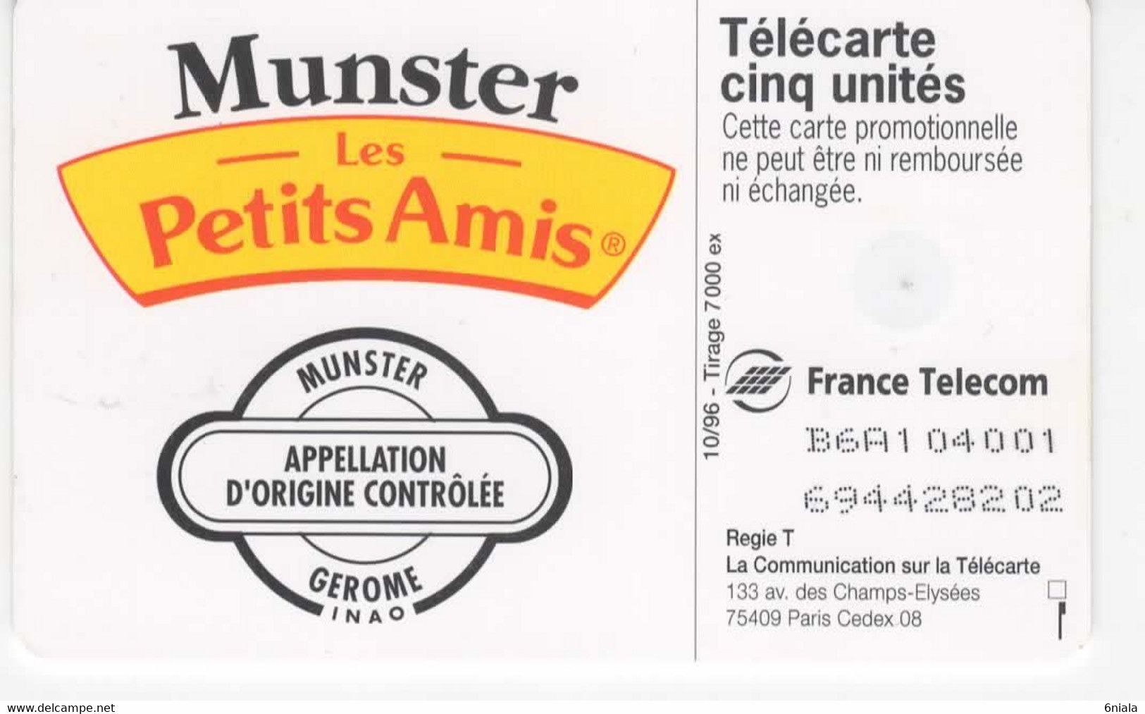 6822 Télécarte MUNSTER PETITS AMIS (scans Recto Verso) 7 000 Ex 10/96 Promotionnelle  Carte Téléphone Cigogne - 5 Einheiten