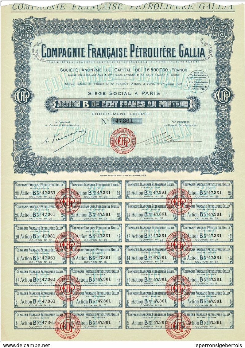 Titre Ancien - Compagnie Française Pétrolifère Gallia - Titre De 1926 - N° 47.361 - - Pétrole