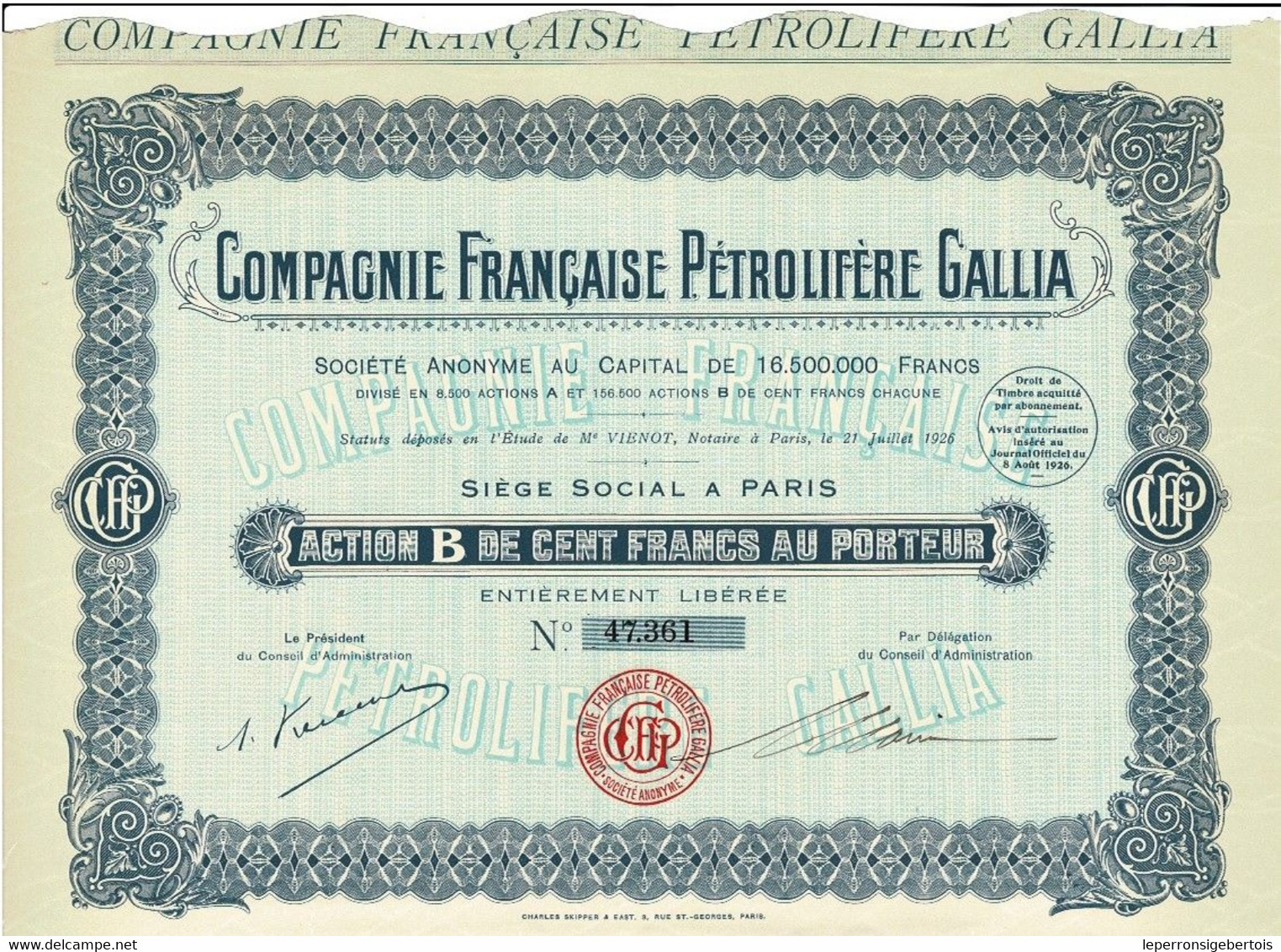 Titre Ancien - Compagnie Française Pétrolifère Gallia - Titre De 1926 - N° 47.361 - - Petrolio