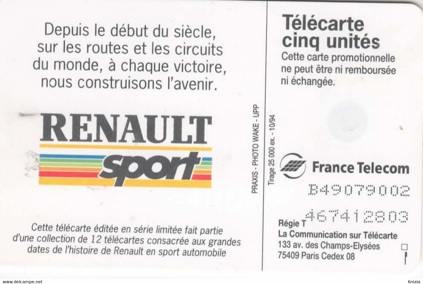 6828 Télécarte ETOILE FILANTE   (scans Recto Verso) 5U  25 000 Ex 10/94 Promotionnelle Carte Téléphone Auto 1956 Renault - 5 Unidades