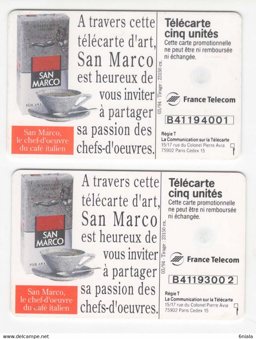 6831 Télécartes  CAFE SAN MARCO (scans Recto Verso) 5U  23 150 Ex 03/94 Promotionnelle Vénus Et Louve Carte Téléphone - 5 Unités