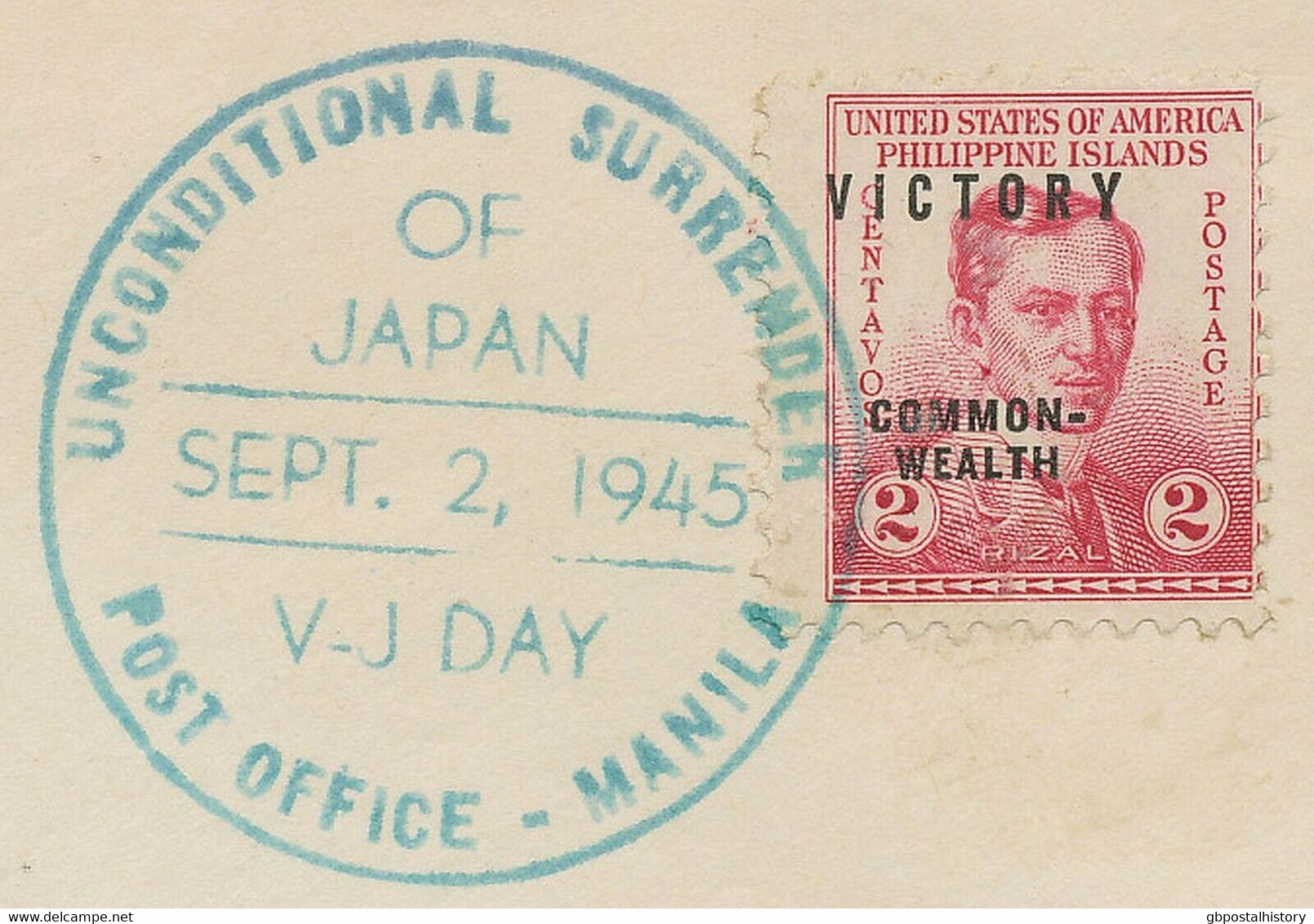 PHILIPPINEN 1945 2 C Victory Kab.-Brief M. SST UNCONDITIONAL SURRENDER OF JAPAN - Philippinen