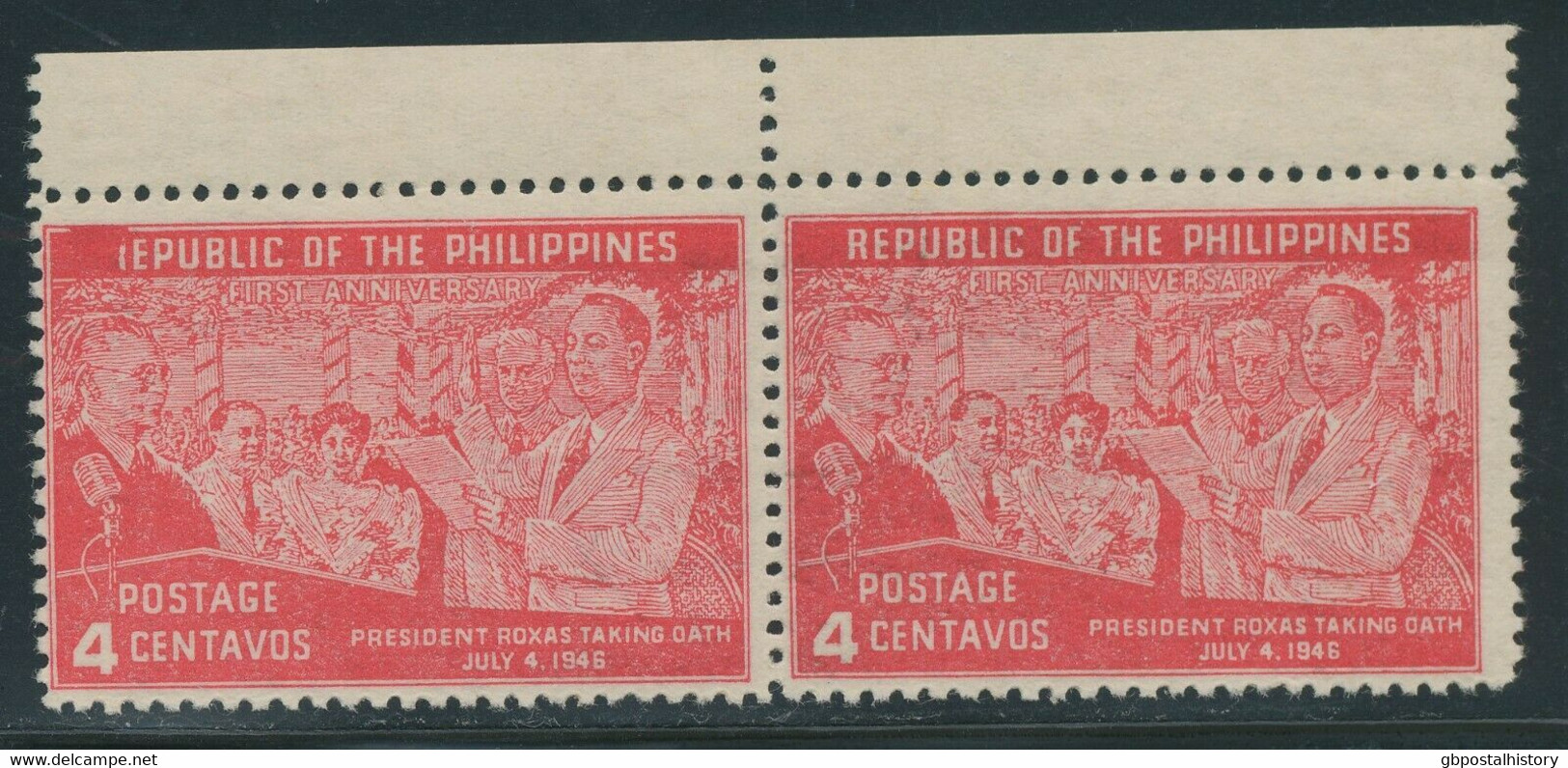 PHILIPPINEN 1947 4C 1.Jahrestag Der Unabhängigkeit, Postfr. Paar, ABART: linker Marke M. Teilweise Fehlende Rahmenrand - Filipinas