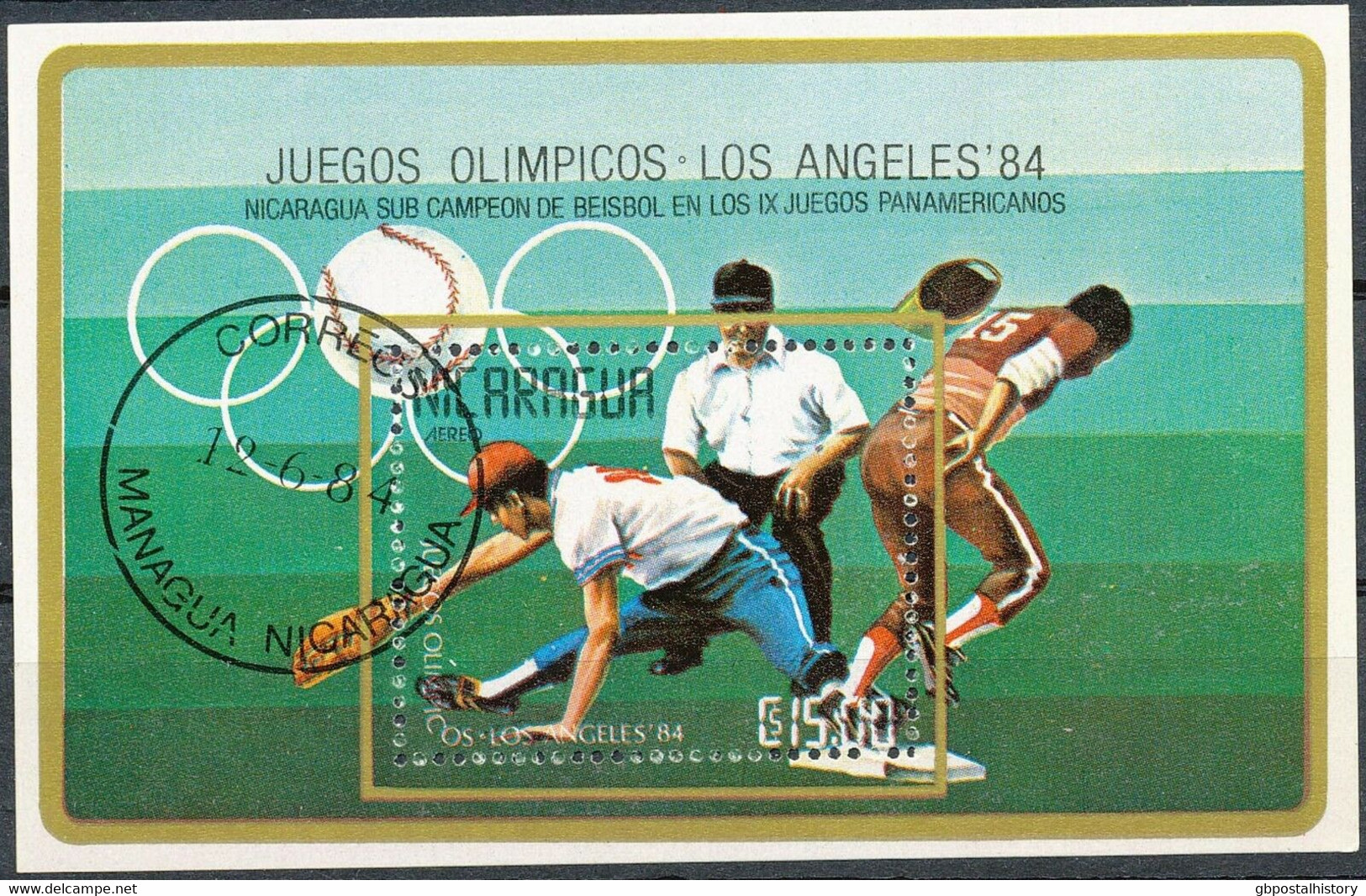 NICARAGUA 1984 Olympische Sommerspiele, Los Angeles 15 Cord Gest. Block Baseball - Nicaragua