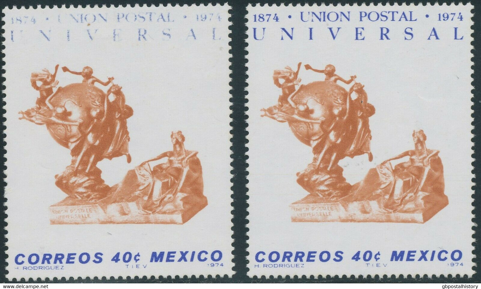 MEXICO 1974 100 Jahre Weltpostverein (UPU) 40 C Postfr. ABART DRY PRINT OF BLUE - Mexico