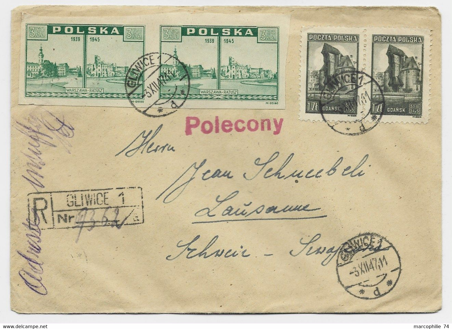 POLAND POLSKA 1ZTX2 +3.50ZT X8 LETTE COVER GLIWICE 3.XII.1947 POUR SUISSE + POLECONY - Briefe U. Dokumente