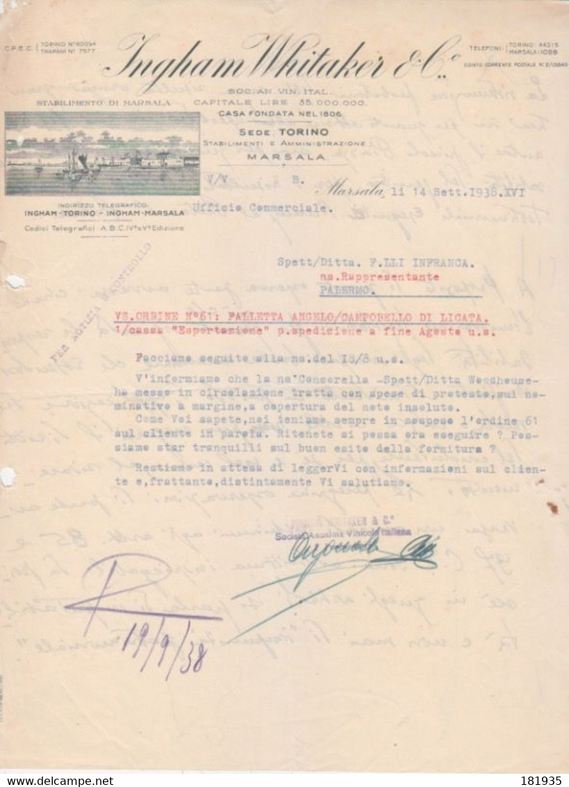 Lettera "Ditta Ingham Whitaker -Marsala 1938"=Italy Italia - Historical Documents