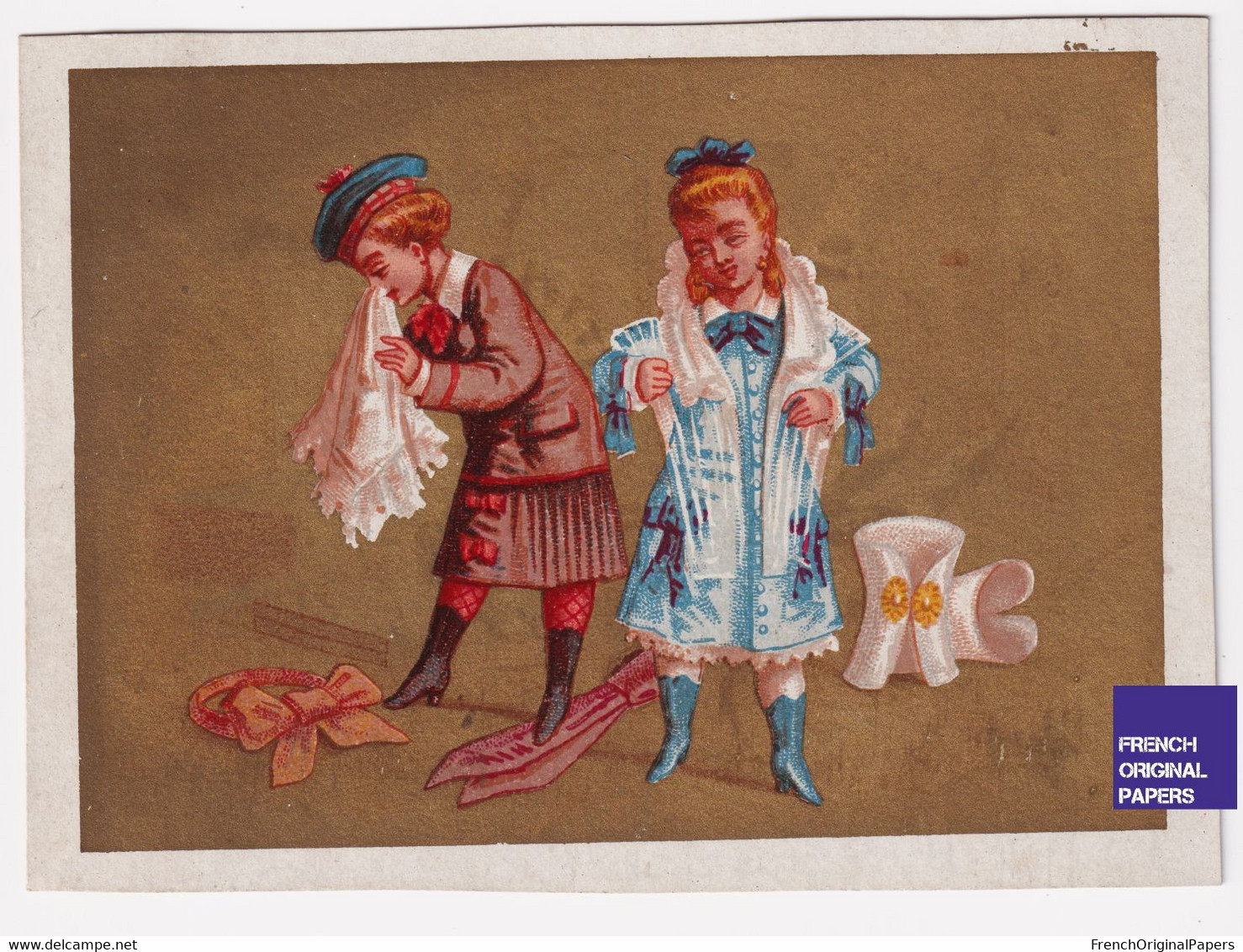 Chromo Dorée 1880 Appel Au Bon Marché Paris Gant Essayage Domestique Modiste Mode Victorian Trade Card Girl Glove 45-51 - Au Bon Marché
