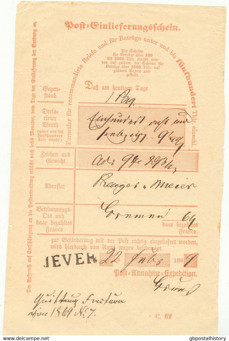 OLDENBURG - NORDDEUTSCHER BUND "JEVER" L1 A. Post-Einlieferungsschein, 1869 Pra. - Oldenbourg