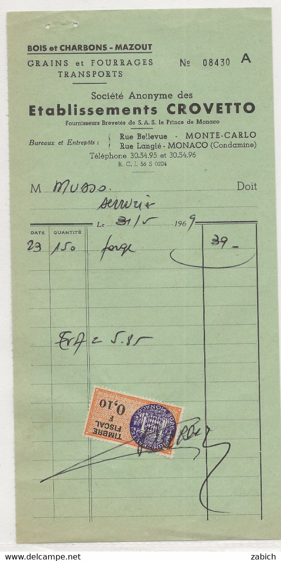 TIMBRES FISCAUX DE MONACO SERIE UNIFIEE  N°44  0NF10 ORANGE Sur DOCUMENT DE 1969 - Fiscale Zegels
