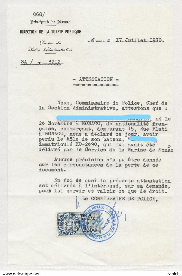 TIMBRES FISCAUX DE MONACO SERIE UNIFIEE  N°52  2F Bleu  Sur Document De 1970 - Fiscale Zegels