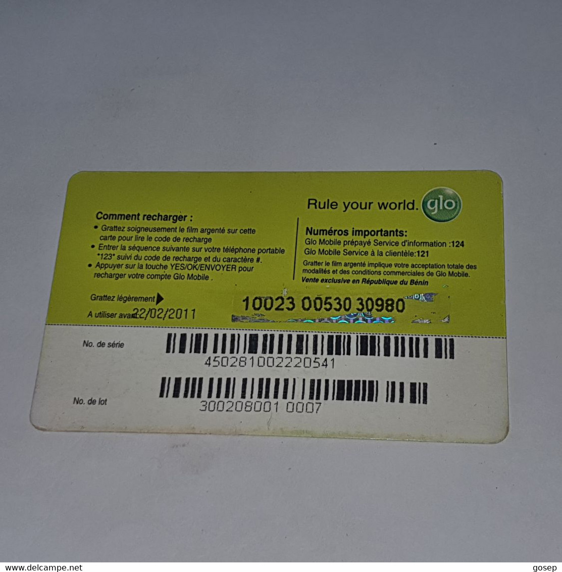 BENIN-(BJ-GLO-REF-001)-mobile Prepaye-(2)-(500fcfa)-(10023-00530-30980)-used Card+1card Prepiad Free - Benin