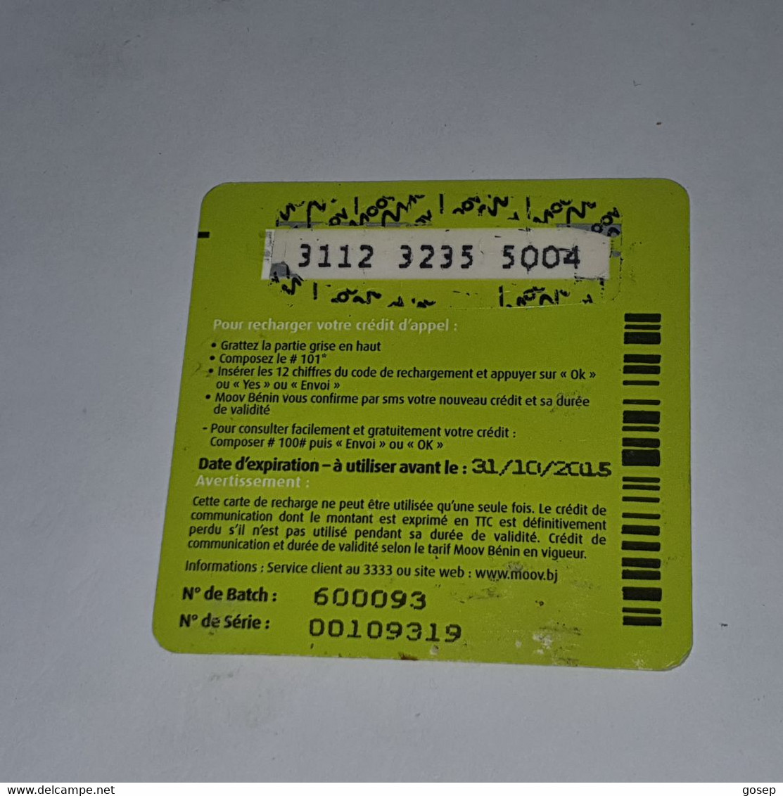 BENIN-(BJ-MOO-REF-001B)-moov No Limit-(9)-(500fcfa)-(3112-3235-5004)-used Card+1card Prepiad Free - Bénin