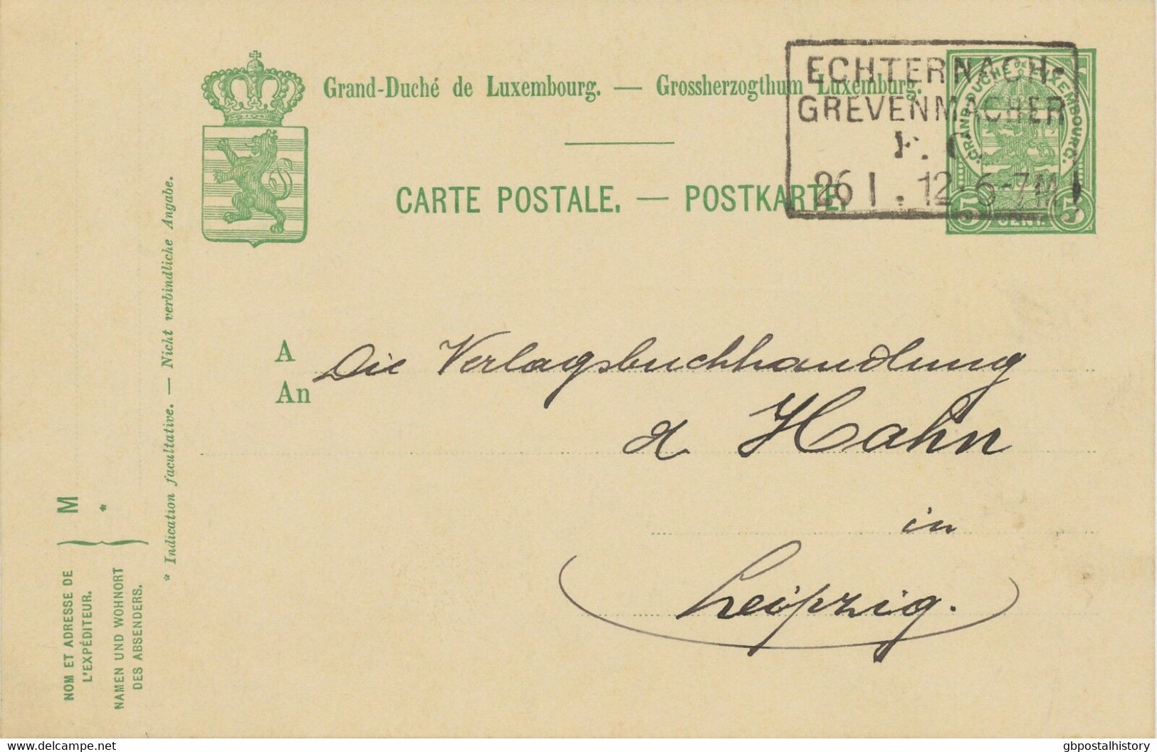 LUXEMBURG "ECHTERNACH - / GREVENMACHER / F.C. / 26 1.12-6-7 M" RA4 BAHNPOSTStpl. - 1907-24 Coat Of Arms