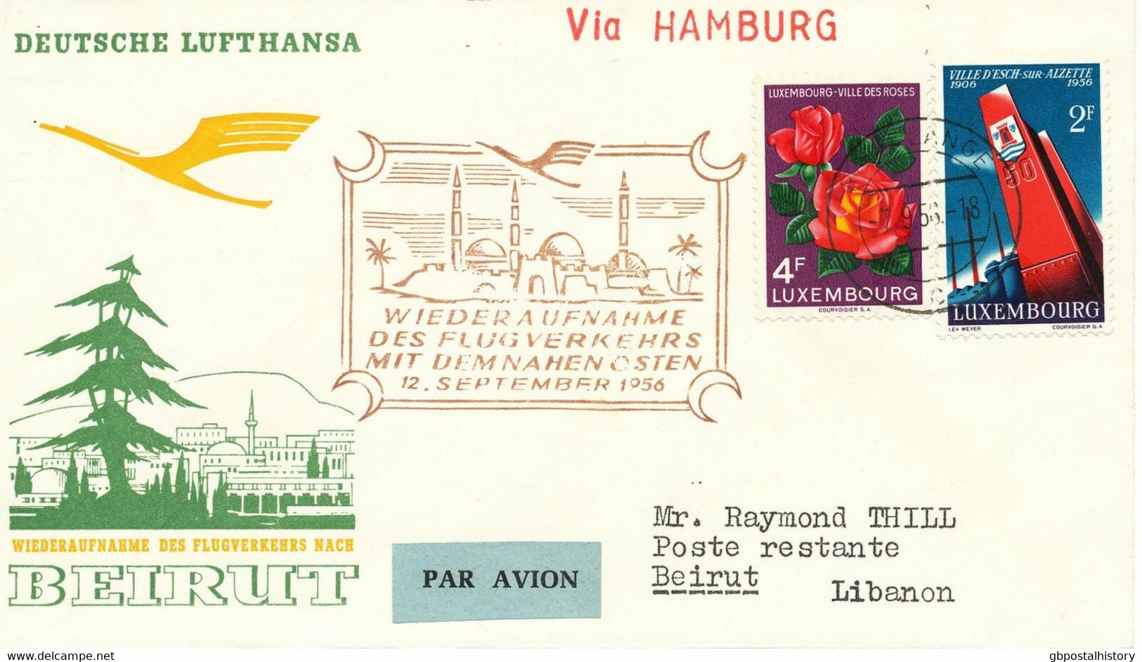 LUXEMBURG 1956 Erstflug LH Mitläuferpost Luxembourg - Hamburg - Beirut, Libanon - Covers & Documents