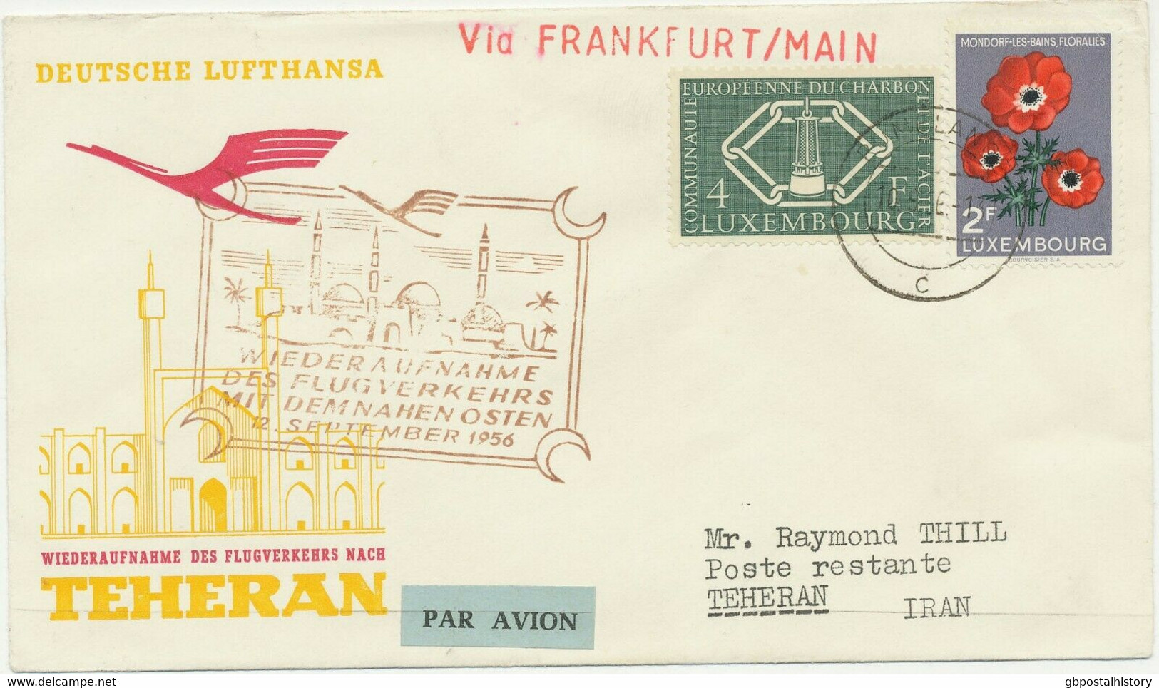 LUXEMBURG 1956 Selt. Mitläuferpost Mit Deutsche Lufthansa FRANKFURT - TEHERAN - Lettres & Documents