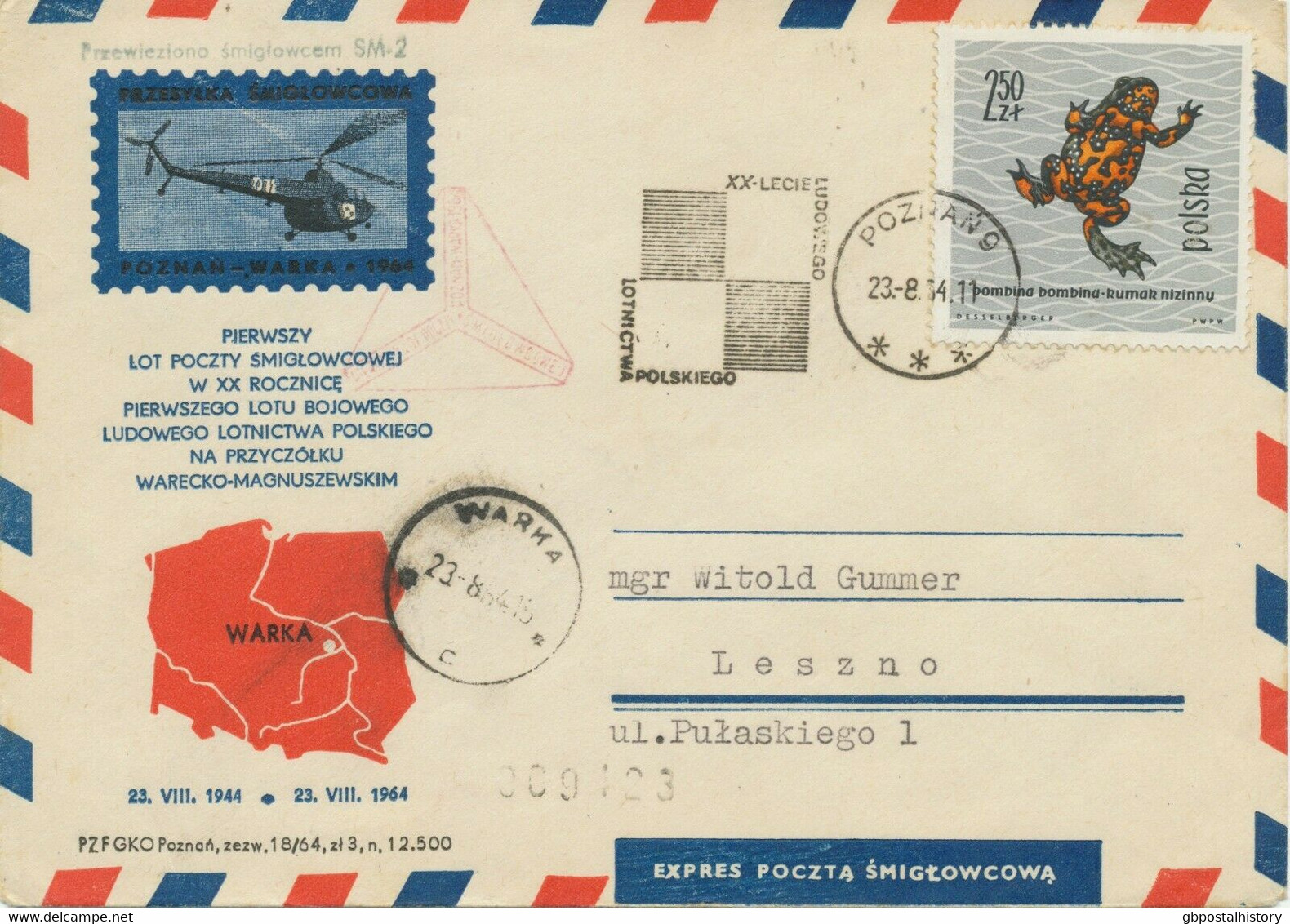 POLEN 1964, Hubschrauber-Flugpost „POZNAN – WARKA“ HUBSCHRAUBERSONDERFLUG - Avions