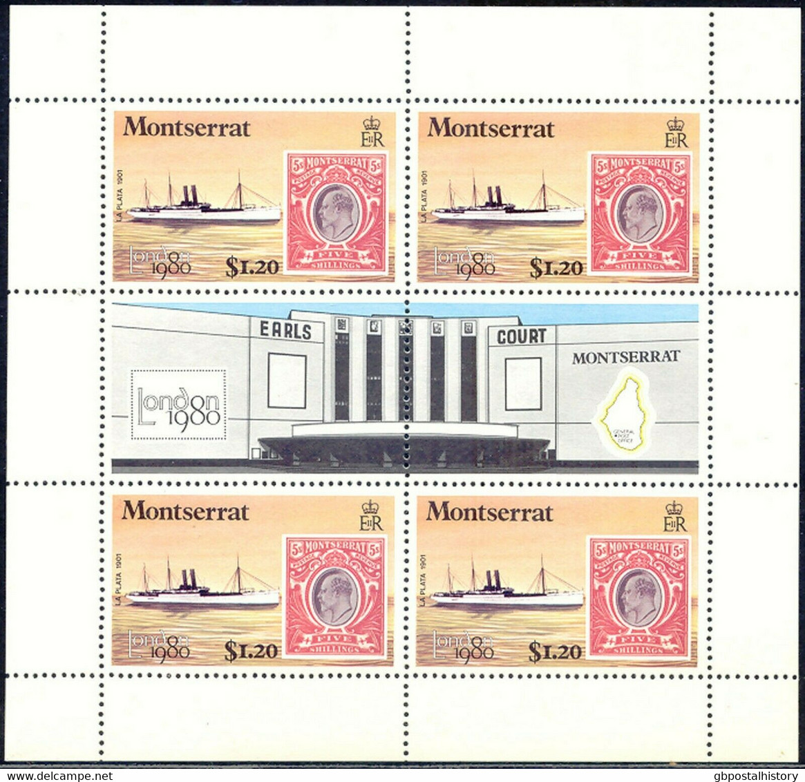 MONTSERRAT 1980 Int. Stamp Exhibition LONDON 1980 1.20 $ Ship U/M MISSING COLOR - Montserrat