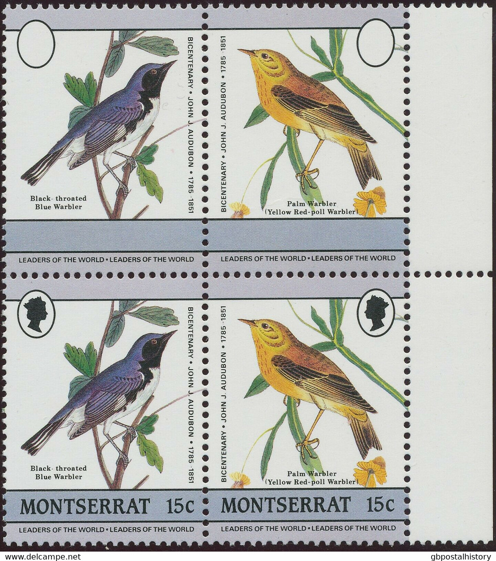 MONTSERRAT 1985 200th Birthday Audubon Birds 15 C U/M Se-tenant MAJOR VARIETIES - Montserrat