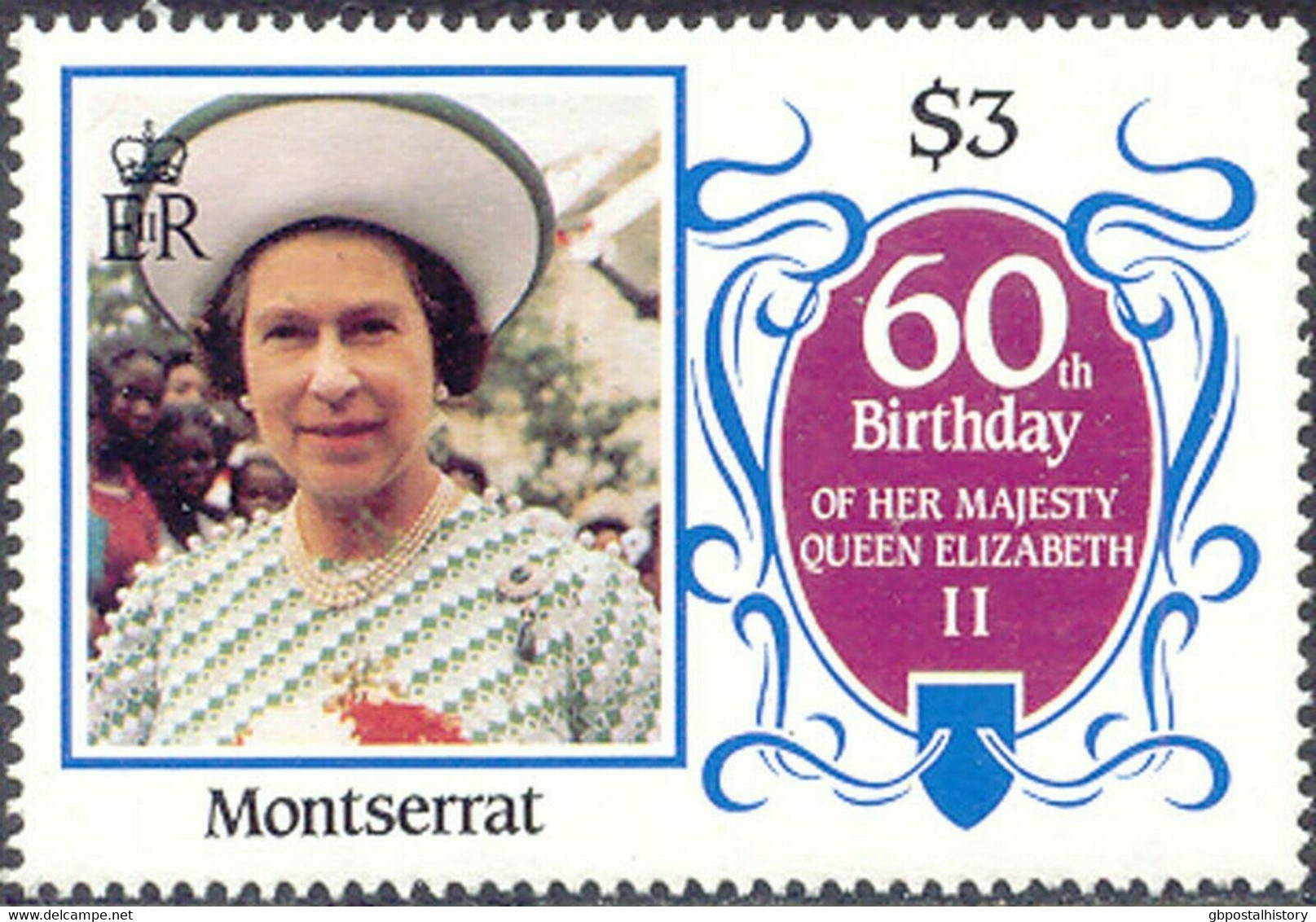 MONTSERRAT 1986 60th Birthday Queen Elizabeth II 3$ U/M VARIETY MISSING COLOR - Montserrat