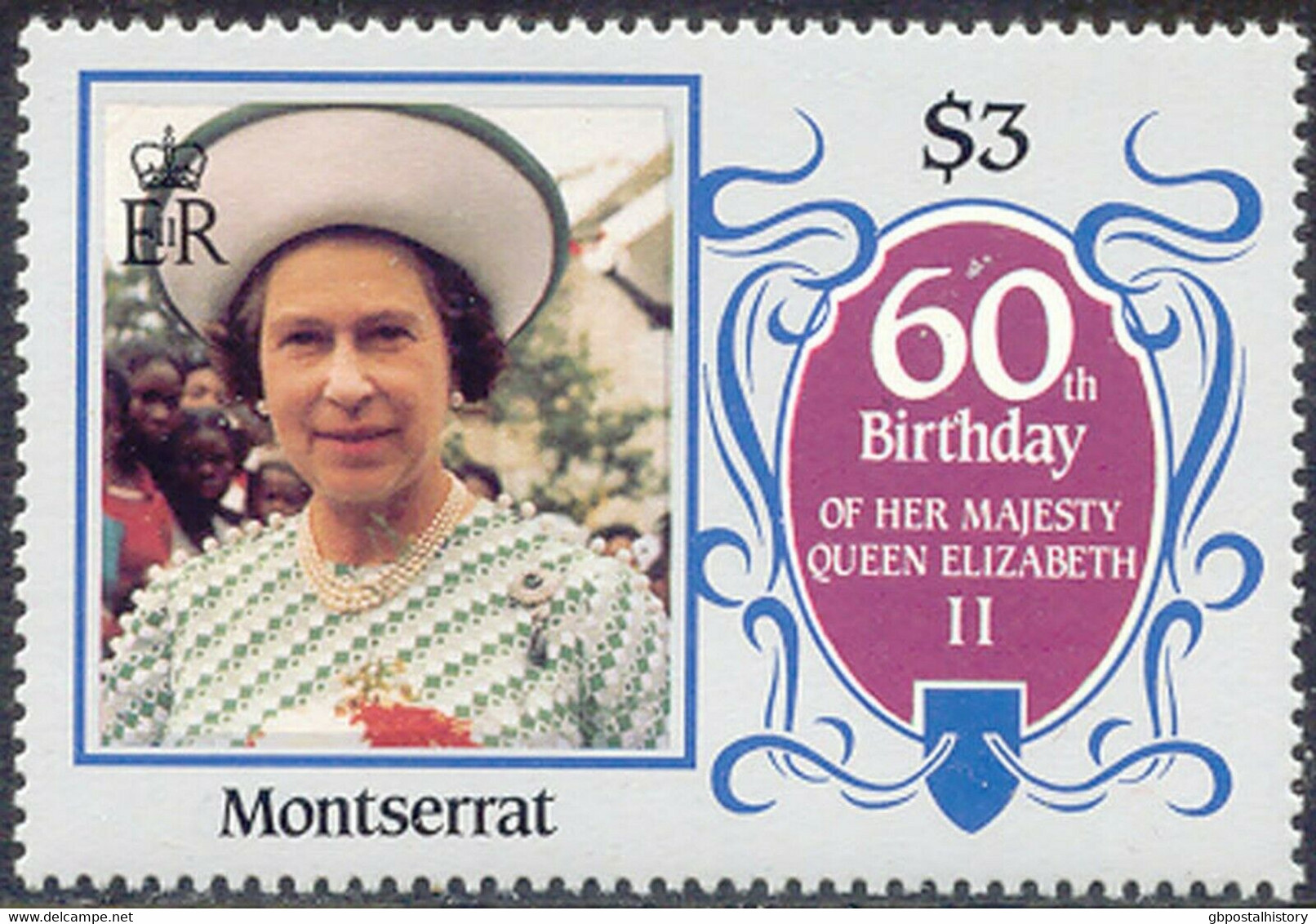 MONTSERRAT 1986 60th Birthday Queen Elizabeth II 3$ U/M VARIETY MISSING COLOR - Montserrat