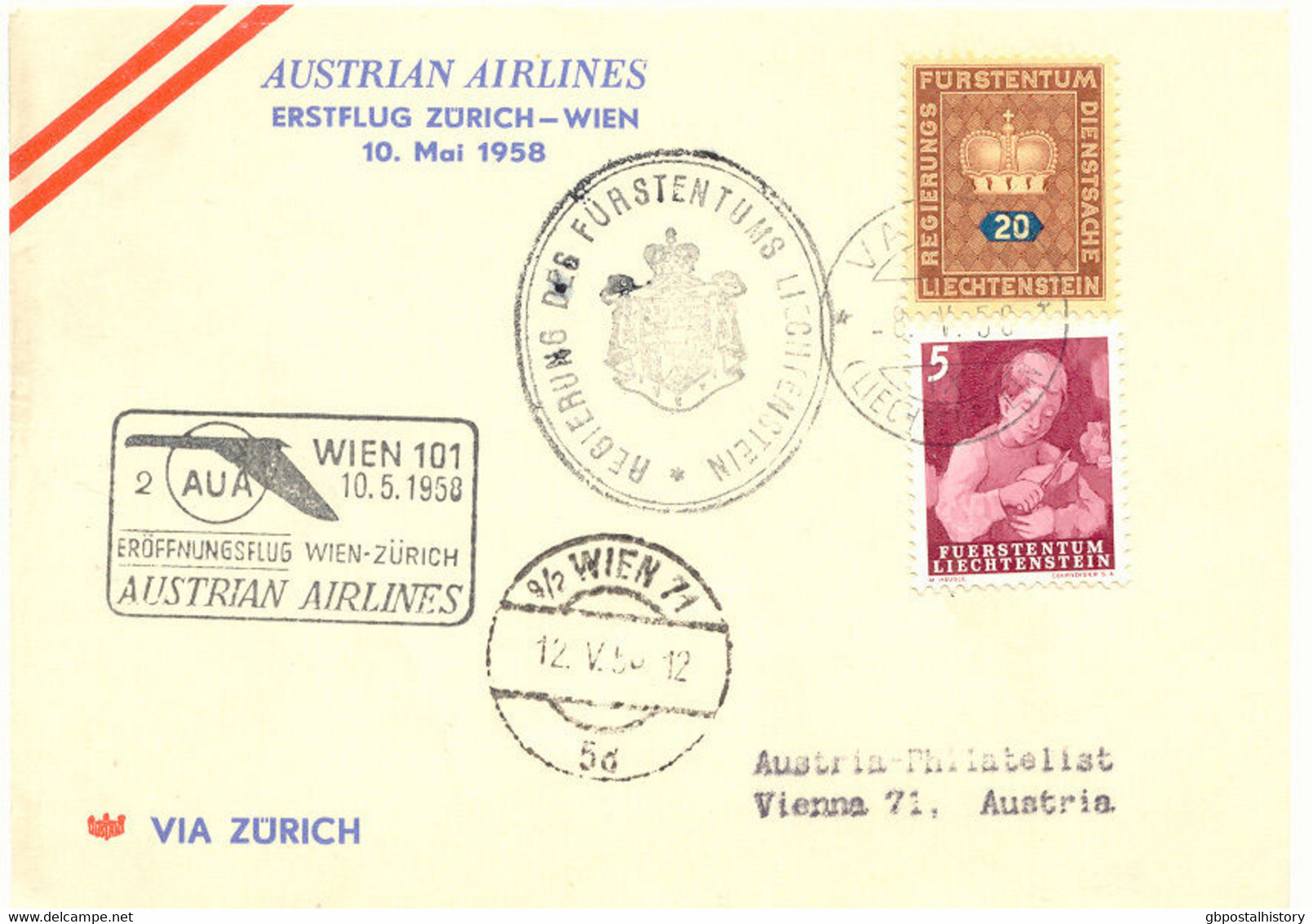 LIECHTENSTEIN 1958, Sehr Selt. Zuleitung Aus Vaduz Zum AUA-Erstflug Zürich-Wien - Aéreo