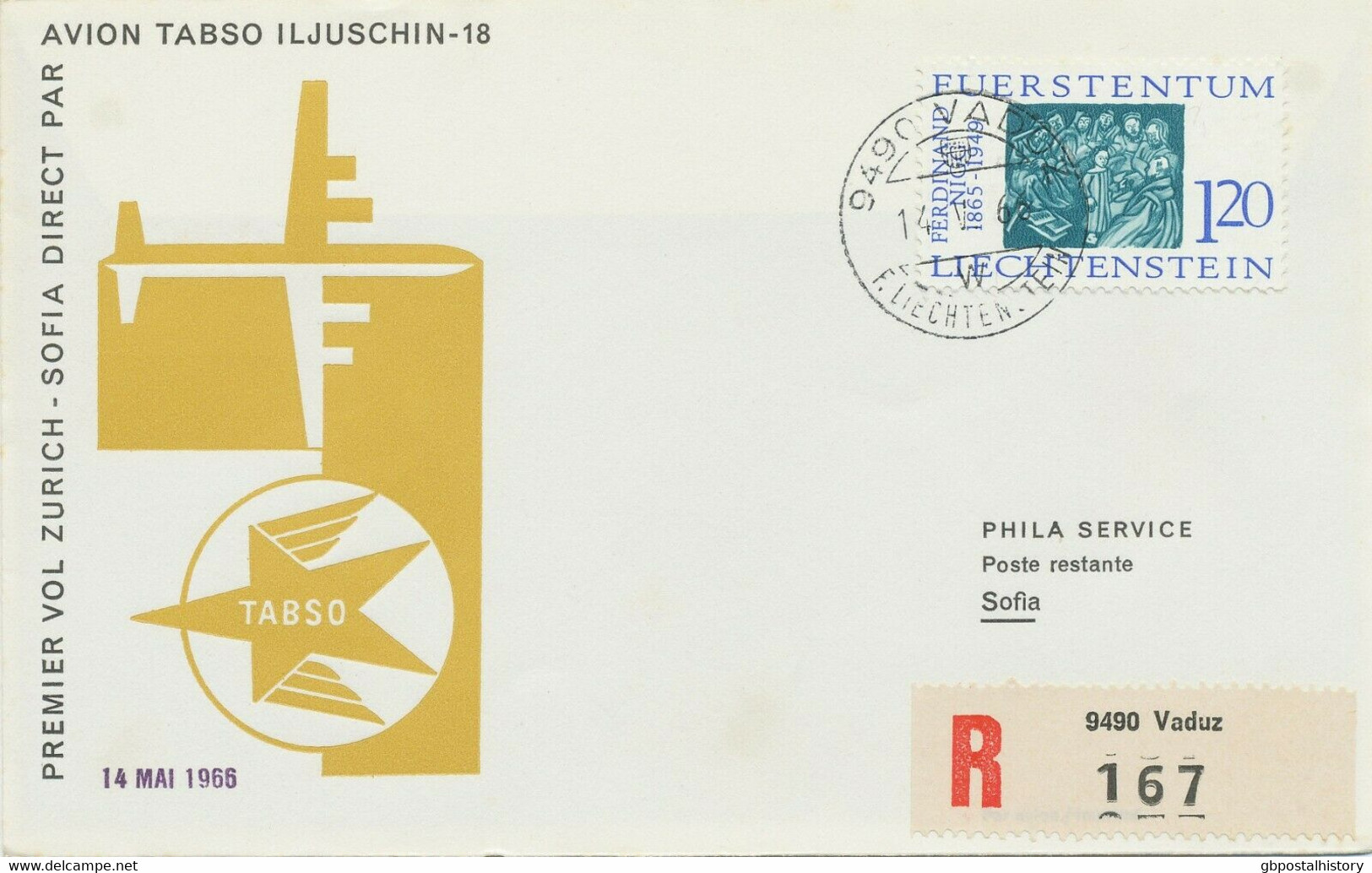 LIECHTENSTEIN 1966 Mitläuferpost Der TABSO Mit Iljuschin-18 ZÜRICH - SOFIA - Aéreo