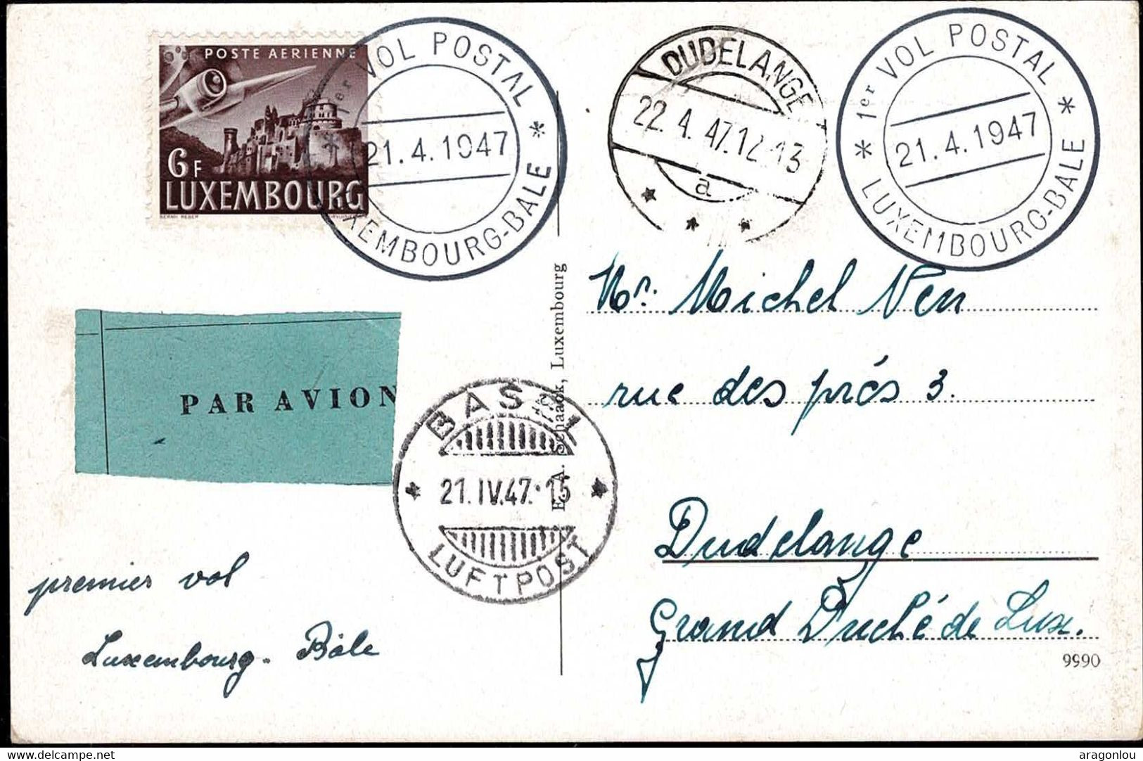 Luxembourg, Luxemburg 1947 Carte 1er Vol Postal Luxembourg-Bâle, 2 Scans - Covers & Documents