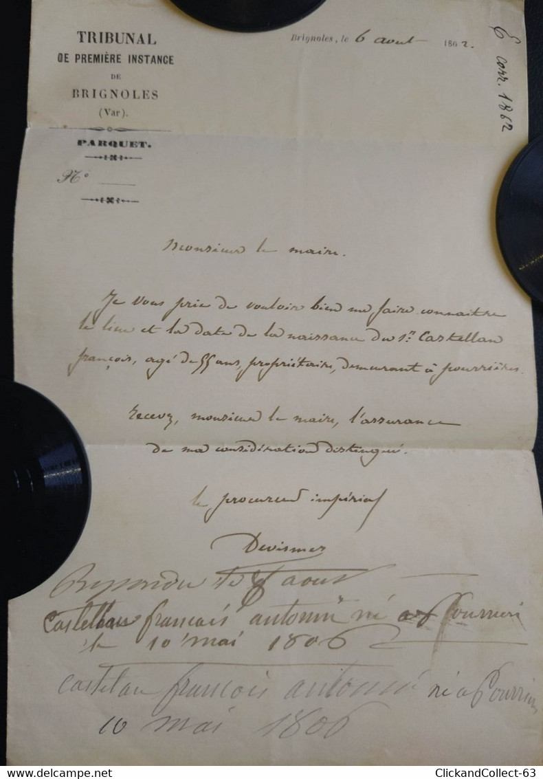 Lettre 6 Août 1862 - Le Procureur Impériale De Brignoles Pour Le Maire De Pourrières Oblitération Type 14 - 1849-1876: Classic Period