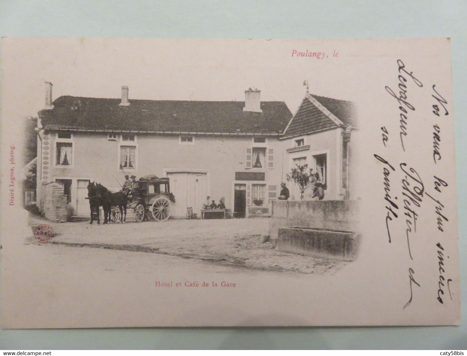 Carte Postale Ancienne ,vintage, Noir Et Blanc ,1904 Voiture A Cheval, Hotel Cafe De Gare Poulangy - Altri & Non Classificati