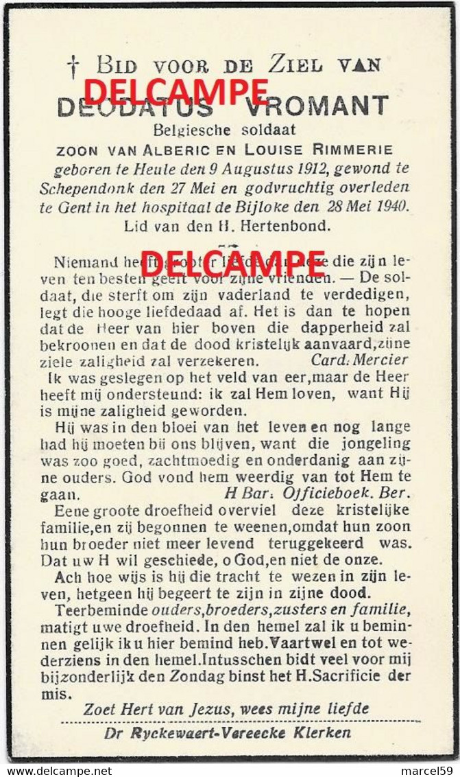 Oorlog Guerre Deodatus Vromant Heule Soldaat 23 Li Gesneuveld Te Oostwinkel 27 Mei En Ovl Te Gent 28/5/1940 ZOMERGEM - Devotion Images