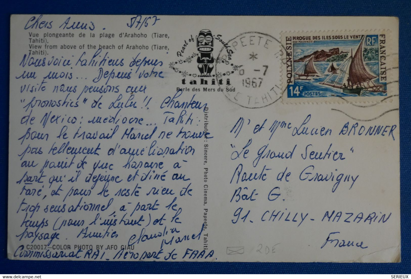 M22 POLYNESIE BELLE CARTE 1968 POUR CHILLY MAZARIN FRANCE + AFFRANCHISSEMENT PLAISANT - Cartas & Documentos