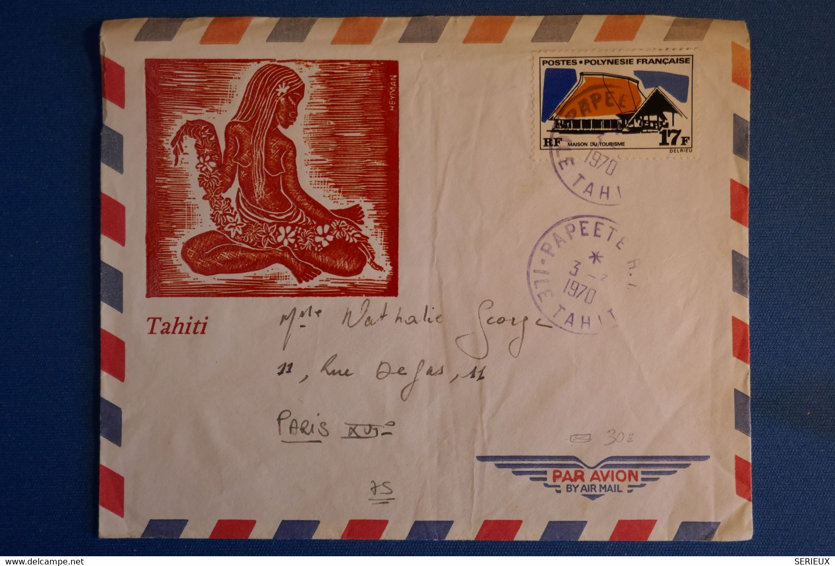 M22 POLYNESIE BELLE LETTRE POSTE AERIENNE 1970 PAPEETE POUR PARIS FRANCE + AFFRANCHISSEMENT PLAISANT - Cartas & Documentos