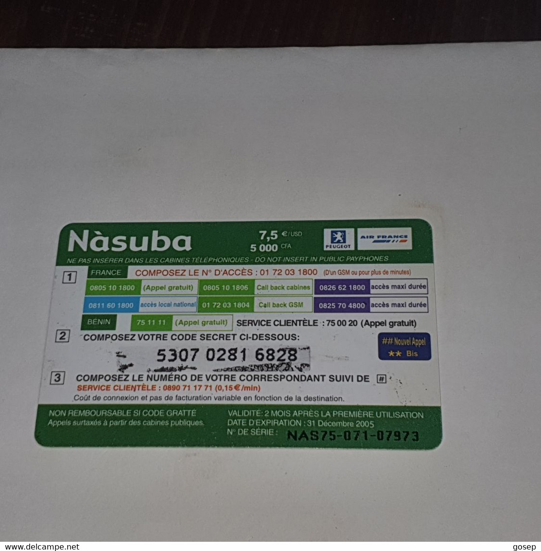 BENIN-(BJ-PRE-L2C-0001B)-nasuba Green-(31)-(5000fcfa/7.5€ $)-(5307-0281-6828)-used Card+1card Prepiad Free - Benin