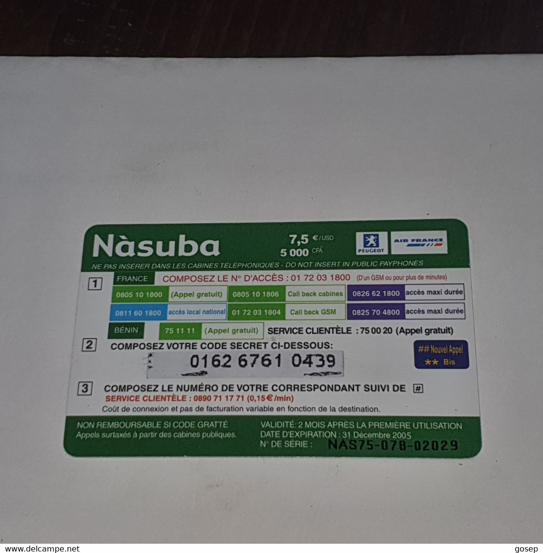 BENIN-(BJ-PRE-L2C-0001B/1)-nasuba Green-(32)-(5000fcfa/7.5€ $)-(0162-6761-0439)-used Card+1card Prepiad Free - Bénin