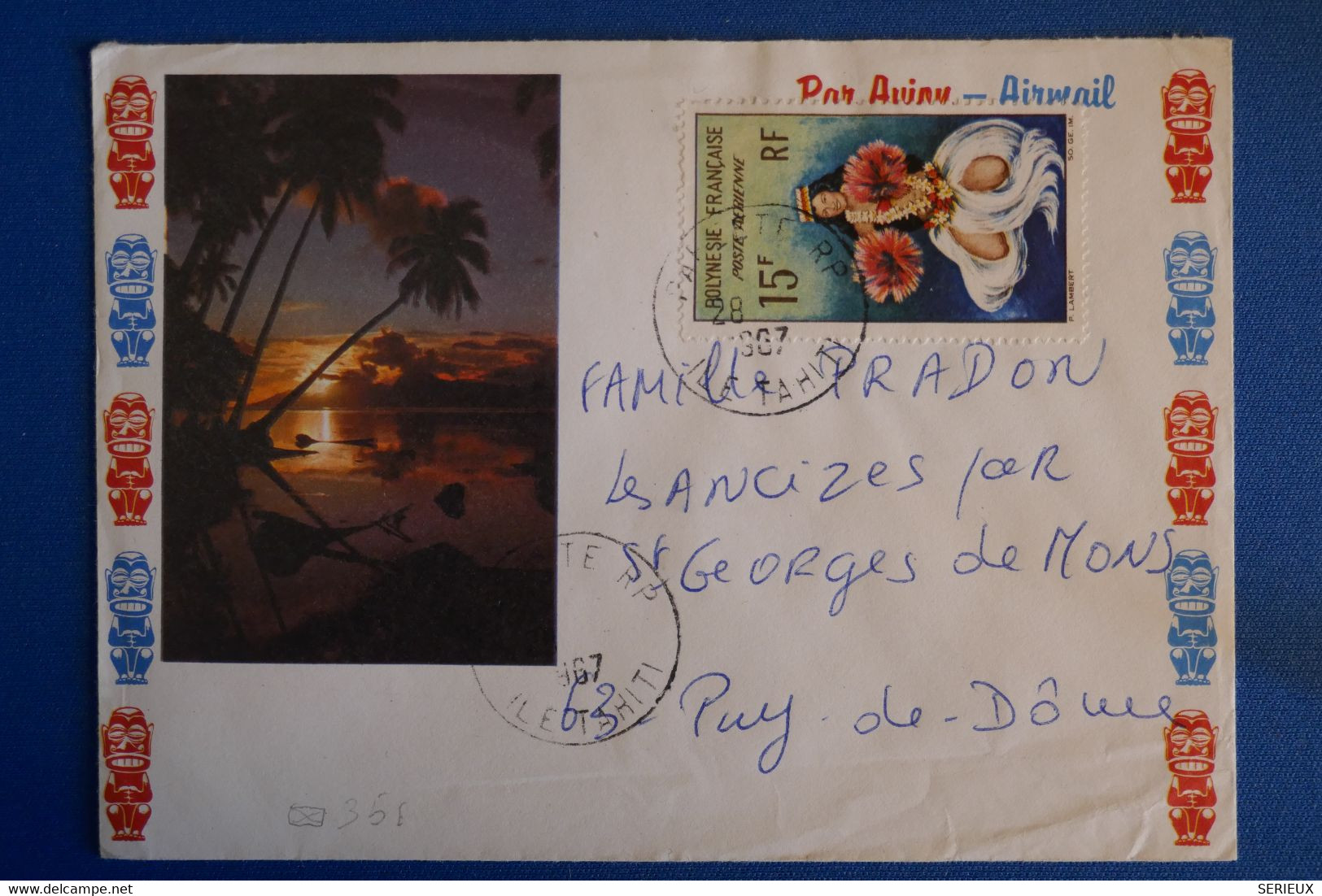 M22 POLYNESIE BELLE LETTRE POSTE AERIENNE 1967 PAPEETE POUR PUY DE DOME FRANCE + AFFRANCHISSEMENT PLAISANT - Covers & Documents