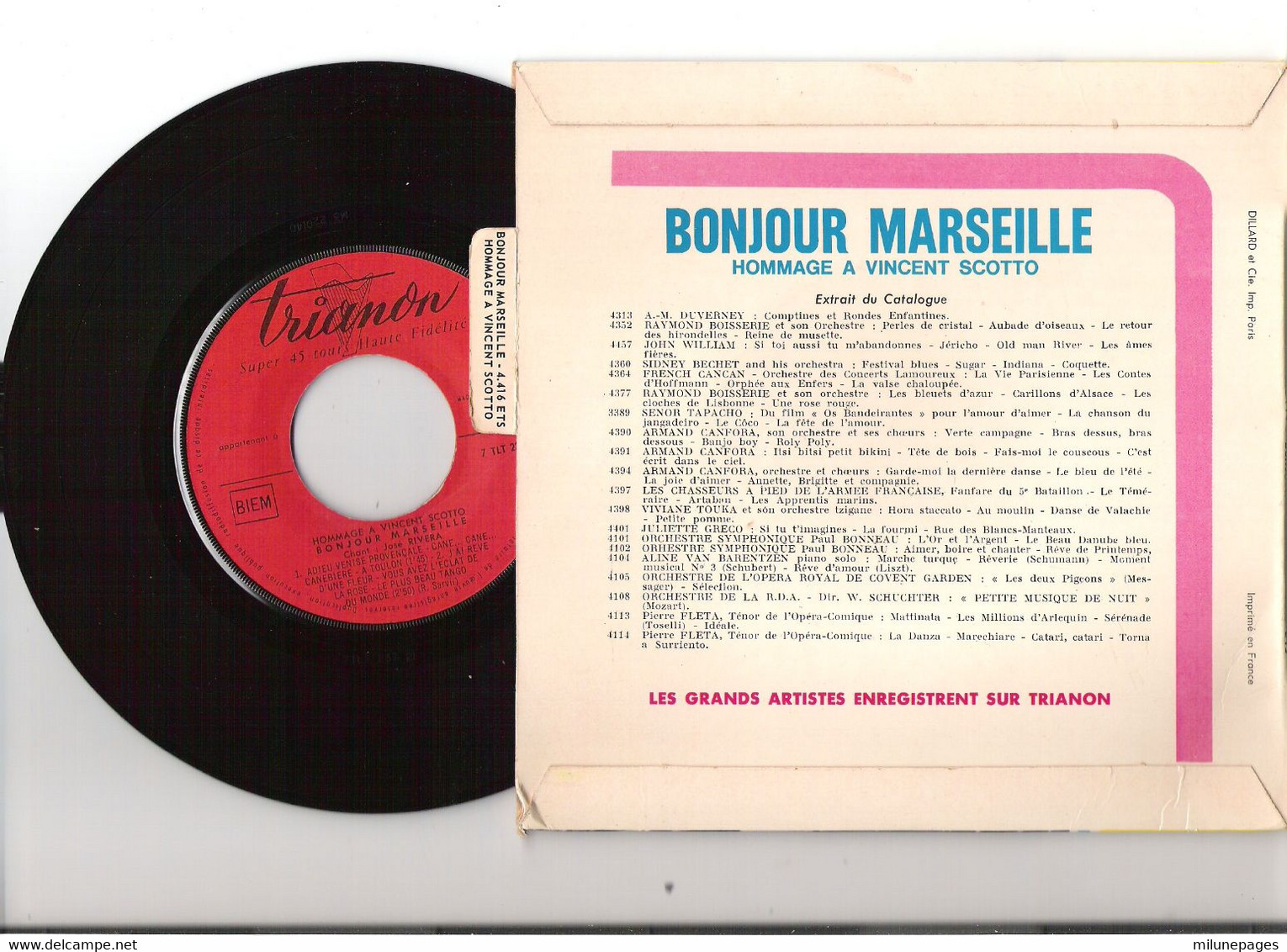Vinyle 45 T EP Bonjour Marseille Hommage à Scotto José Rivera Canebière Petit Cabanon Trianon 4416 Disque Rouge - Opéra & Opérette